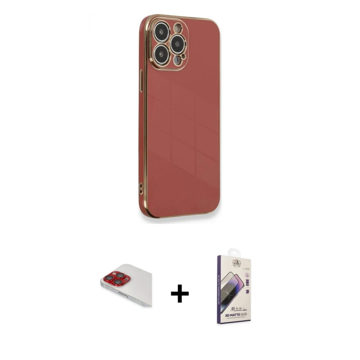 MARSİLYAN™- iPhone 13 Pro Max Kılıf Yankı Serisi - Siyah Bilvis 3D Mat Cam Ekran Koruyucu + Kırmızı Pers Alüminyum Kamera Lens