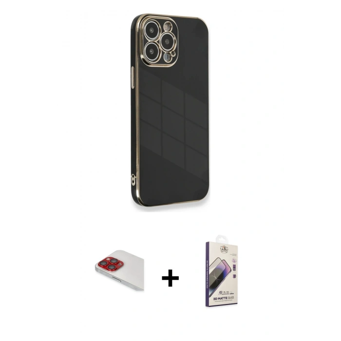 MARSİLYAN™- iPhone 13 Pro Max Kılıf Yankı Serisi - Siyah Bilvis 3D Mat Cam Ekran Koruyucu + Kırmızı Pers Alüminyum Kamera Lens