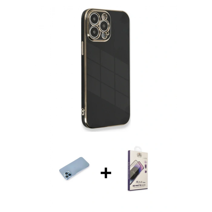 MARSİLYAN™- iPhone 13 Pro Max Kılıf Yankı Serisi - Siyah Bilvis 3D Mat Cam Ekran Koruyucu + Shine Kamera Lens Koruma Cam - MI