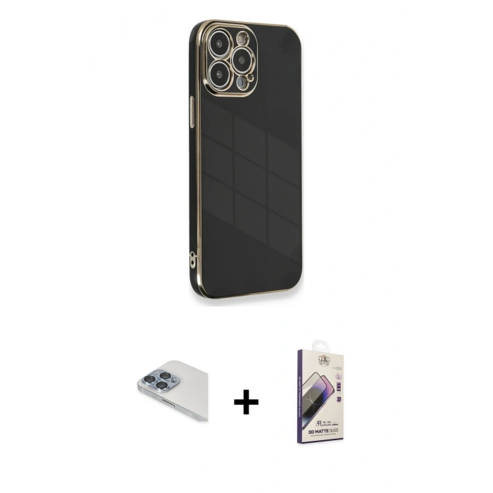 MARSİLYAN™- iPhone 13 Pro Max Kılıf Yankı Serisi - Siyah Bilvis 3D Mat Cam Ekran Koruyucu + Pers Alüminyum Kamera Lens - SABE