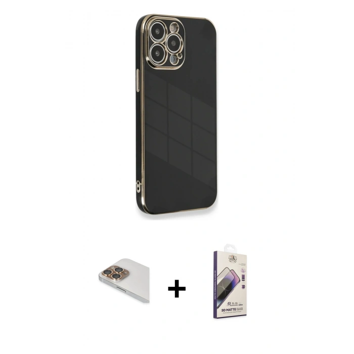 MARSİLYAN™- iPhone 13 Pro Max Kılıf Yankı Serisi - Siyah Bilvis 3D Mat Cam Ekran Koruyucu + Pers Alüminyum Kamera Lens - GD