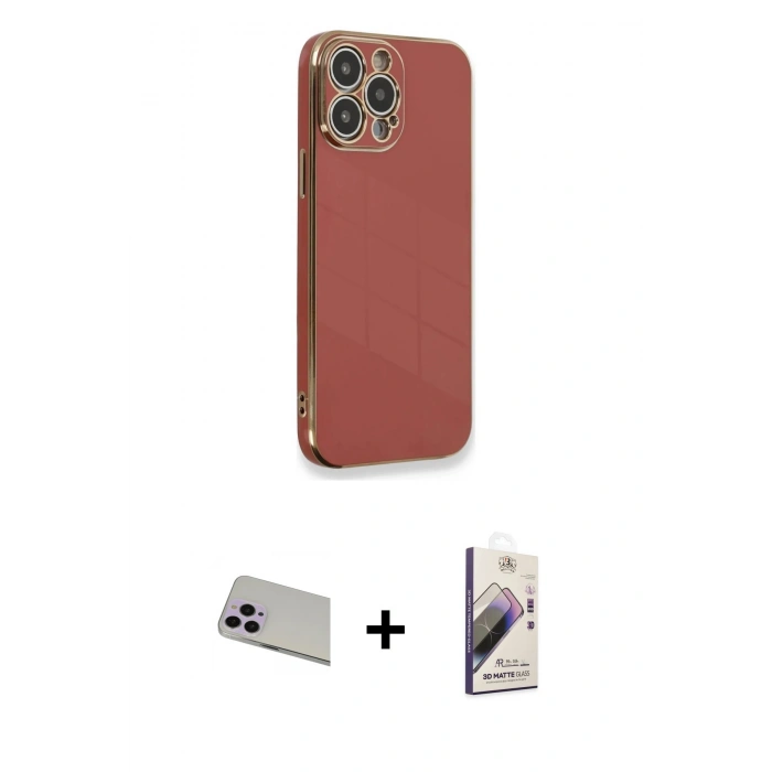 MARSİLYAN™- iPhone 13 Pro Max Kılıf Yankı Serisi - Siyah Bilvis 3D Mat Cam Ekran Koruyucu + Rainbow Kamera Lens Koruma Cam - MR