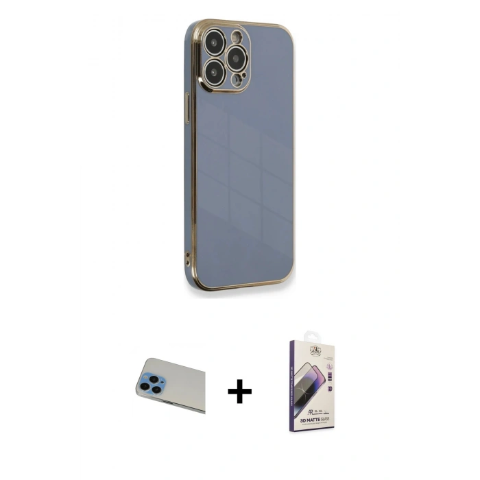 MARSİLYAN™- iPhone 13 Pro Max Kılıf Yankı Serisi - Siyah Bilvis 3D Mat Cam Ekran Koruyucu + Rainbow Kamera Lens Koruma Cam - MI