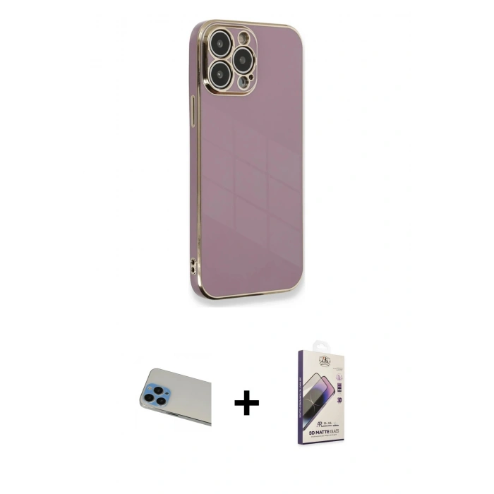 MARSİLYAN™- iPhone 13 Pro Max Kılıf Yankı Serisi - Siyah Bilvis 3D Mat Cam Ekran Koruyucu + Rainbow Kamera Lens Koruma Cam - MI
