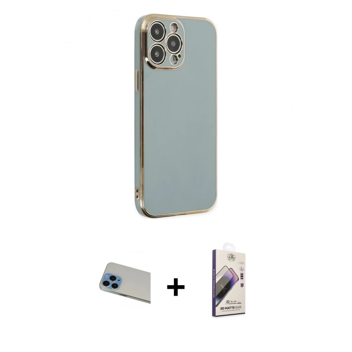 MARSİLYAN™- iPhone 13 Pro Max Kılıf Yankı Serisi - Siyah Bilvis 3D Mat Cam Ekran Koruyucu + Rainbow Kamera Lens Koruma Cam - MI