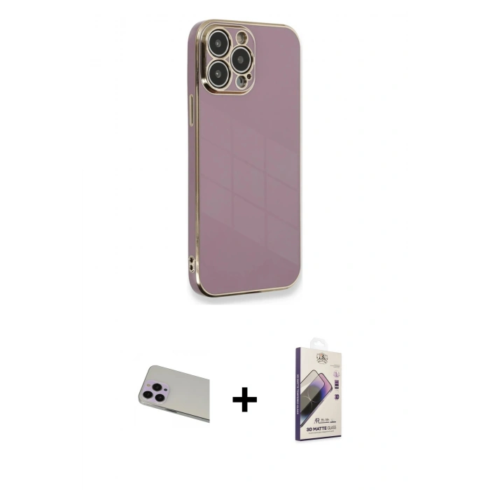 MARSİLYAN™- iPhone 13 Pro Max Kılıf Yankı Serisi - Siyah Bilvis 3D Mat Cam Ekran Koruyucu + Rainbow Kamera Lens Koruma Cam - MR
