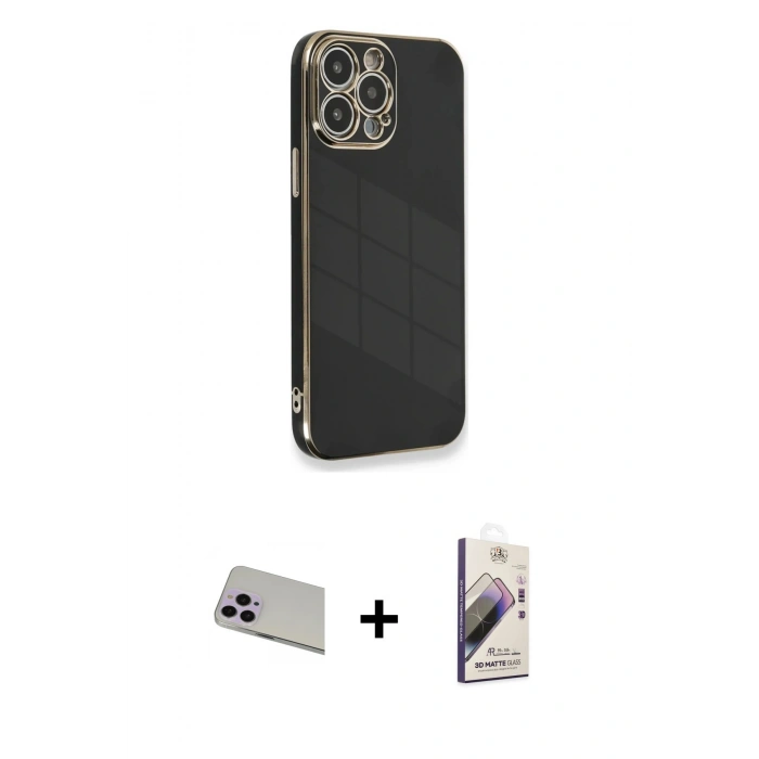 MARSİLYAN™- iPhone 13 Pro Max Kılıf Yankı Serisi - Siyah Bilvis 3D Mat Cam Ekran Koruyucu + Rainbow Kamera Lens Koruma Cam - MR