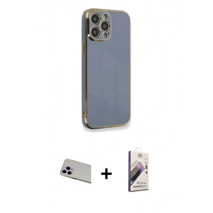 MARSİLYAN™- iPhone 13 Pro Max Kılıf Yankı Serisi - Siyah Bilvis 3D Mat Cam Ekran Koruyucu + Rainbow Kamera Lens Koruma Cam - MR