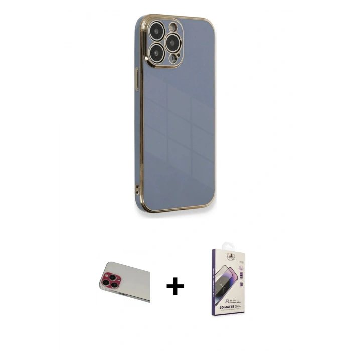 MARSİLYAN™- iPhone 13 Pro Max Kılıf Yankı Serisi - Siyah Bilvis 3D Mat Cam Ekran Koruyucu + Rainbow Kamera Lens Koruma Cam - KI