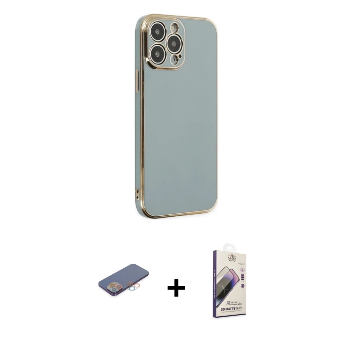 MARSİLYAN™- iPhone 13 Pro Max Kılıf Yankı Serisi - Siyah Bilvis 3D Mat Cam Ekran Koruyucu + Renkli Kamera Lens Koruma Cam - PE