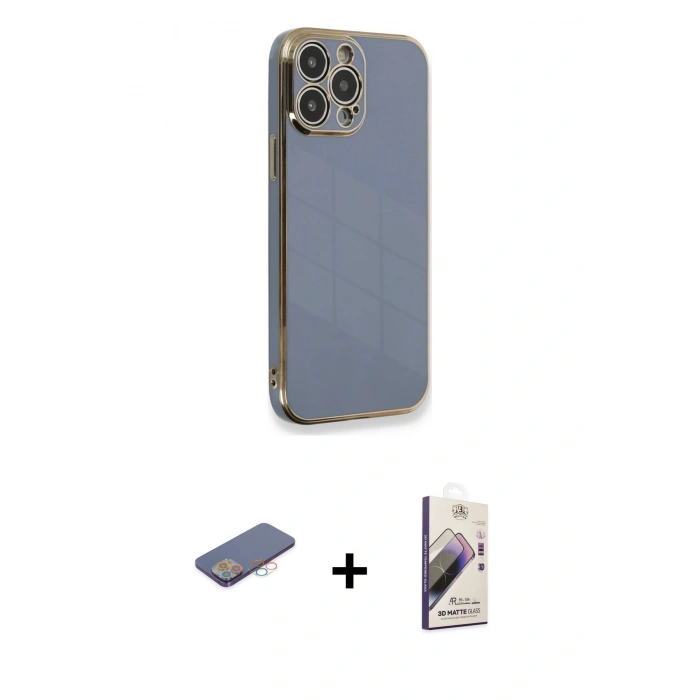 MARSİLYAN™- iPhone 13 Pro Max Kılıf Yankı Serisi - Siyah Bilvis 3D Mat Cam Ekran Koruyucu + Renkli Kamera Lens Koruma Cam - PE