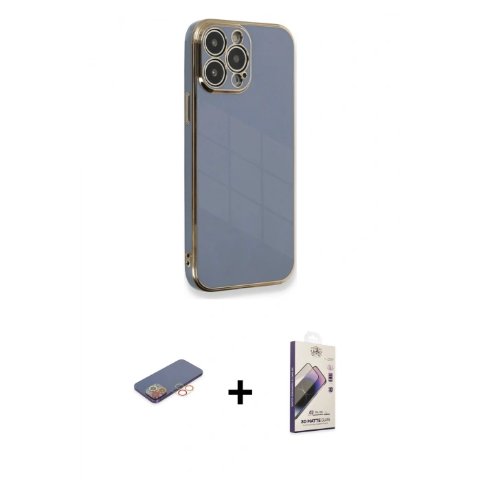 MARSİLYAN™- iPhone 13 Pro Max Kılıf Yankı Serisi - Siyah Bilvis 3D Mat Cam Ekran Koruyucu + Renkli Kamera Lens Koruma Cam - TU