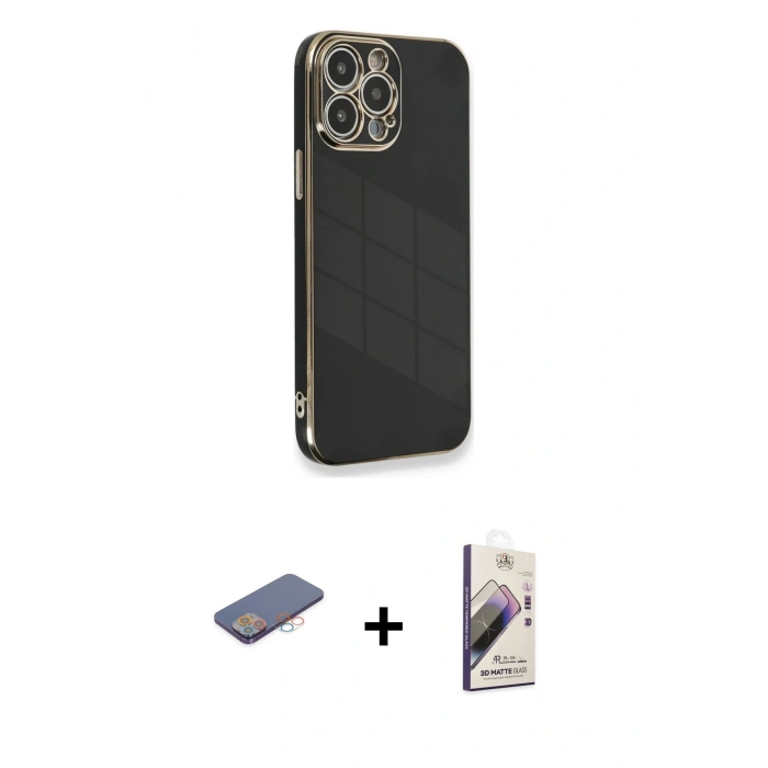 MARSİLYAN™- iPhone 13 Pro Max Kılıf Yankı Serisi - Siyah Bilvis 3D Mat Cam Ekran Koruyucu + Renkli Kamera Lens Koruma Cam - PE