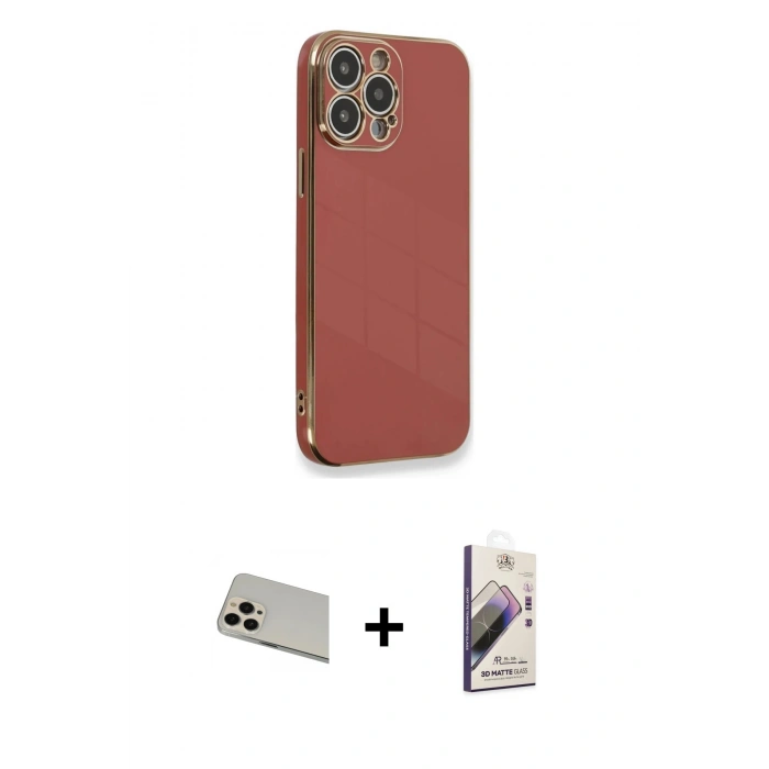 MARSİLYAN™- iPhone 13 Pro Max Kılıf Yankı Serisi - Siyah Bilvis 3D Mat Cam Ekran Koruyucu + Rose Gold Rainbow Kamera Lens Koruma Cam