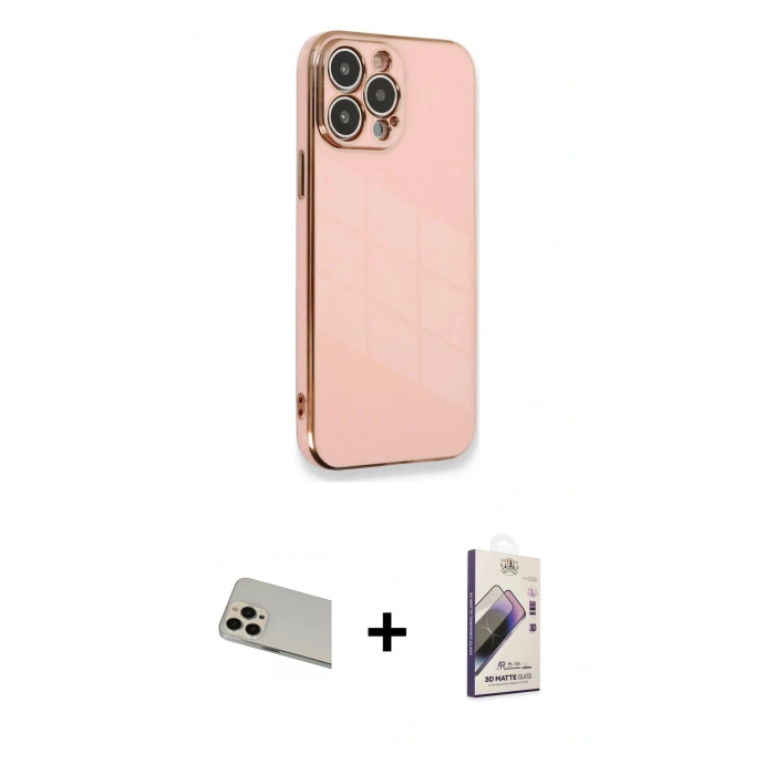 MARSİLYAN™- iPhone 13 Pro Max Kılıf Yankı Serisi - Siyah Bilvis 3D Mat Cam Ekran Koruyucu + Rose Gold Rainbow Kamera Lens Koruma Cam