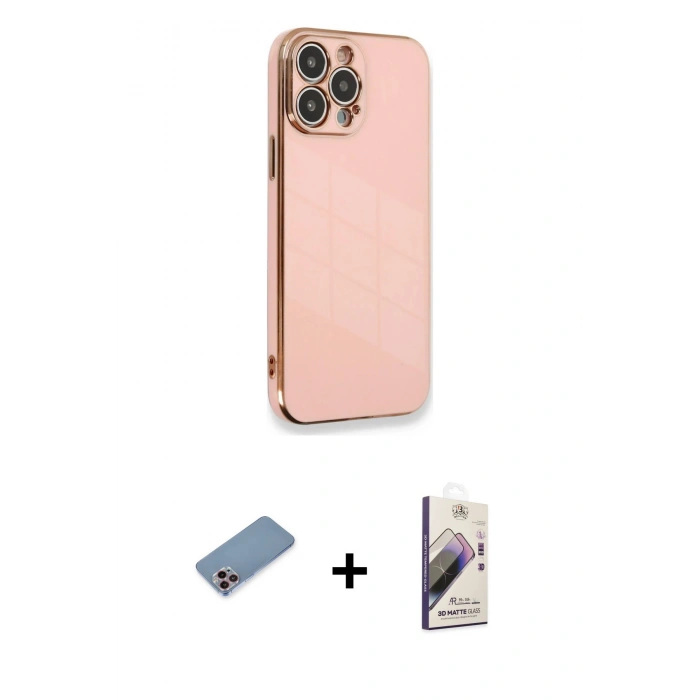 MARSİLYAN™- iPhone 13 Pro Max Kılıf Yankı Serisi - Siyah Bilvis 3D Mat Cam Ekran Koruyucu + Shine Kamera Lens Koruma Cam - PE