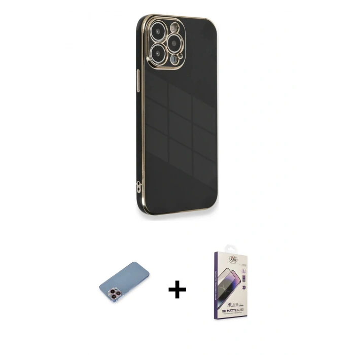 MARSİLYAN™- iPhone 13 Pro Max Kılıf Yankı Serisi - Siyah Bilvis 3D Mat Cam Ekran Koruyucu + Shine Kamera Lens Koruma Cam - PE