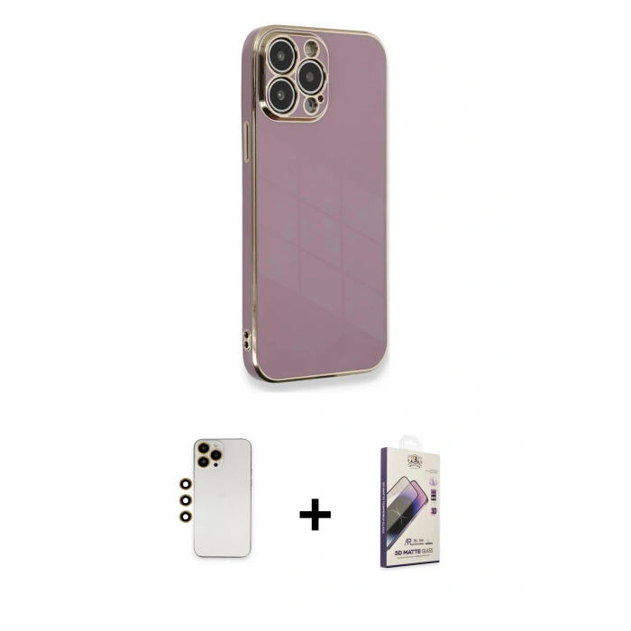 MARSİLYAN™- iPhone 13 Pro Max Kılıf Yankı Serisi - Siyah Bilvis 3D Mat Cam Ekran Koruyucu + Shine Kamera Lens - GD