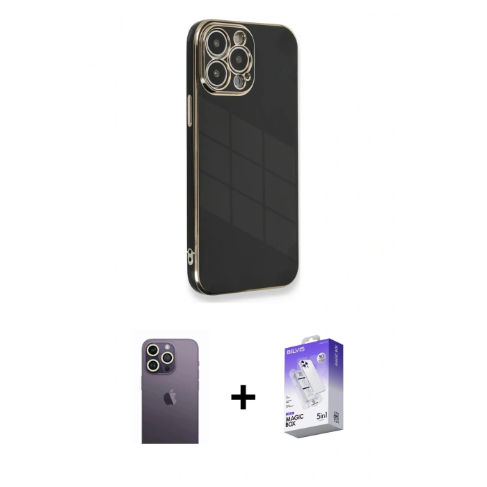 MARSİLYAN™- iPhone 13 Pro Max Kılıf Yankı Serisi - Siyah Bilvis 5in1 3D Magic Cam Ekran Koruyucu + Neon Fosforlu Kamera Lens - BZ