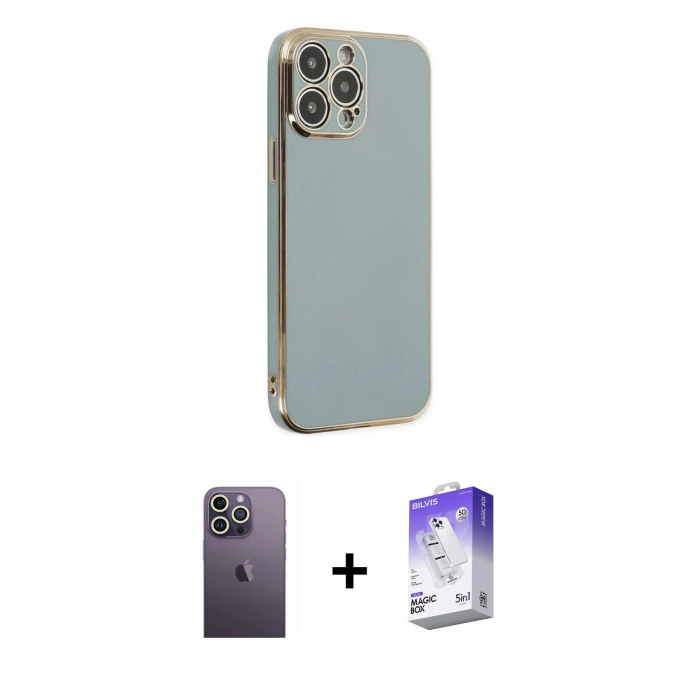 MARSİLYAN™- iPhone 13 Pro Max Kılıf Yankı Serisi - Siyah Bilvis 5in1 3D Magic Cam Ekran Koruyucu + Neon Fosforlu Kamera Lens - BZ