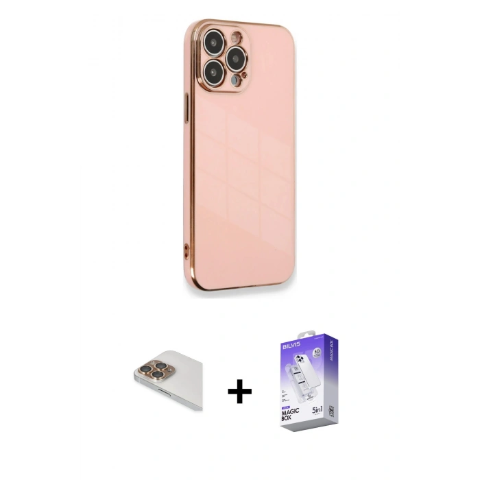MARSİLYAN™- iPhone 13 Pro Max Kılıf Yankı Serisi - Siyah Bilvis 5in1 3D Magic Cam Ekran Koruyucu + Gold Pers Alüminyum Kamera Lens