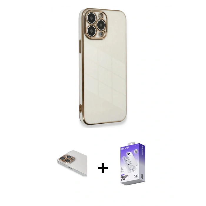 MARSİLYAN™- iPhone 13 Pro Max Kılıf Yankı Serisi - Siyah Bilvis 5in1 3D Magic Cam Ekran Koruyucu + Gold Pers Alüminyum Kamera Lens