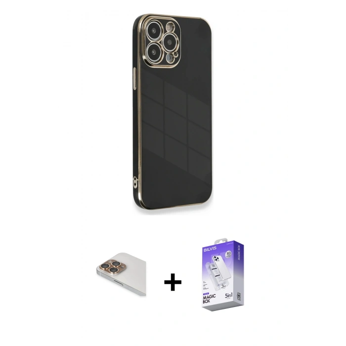 MARSİLYAN™- iPhone 13 Pro Max Kılıf Yankı Serisi - Siyah Bilvis 5in1 3D Magic Cam Ekran Koruyucu + Gold Pers Alüminyum Kamera Lens