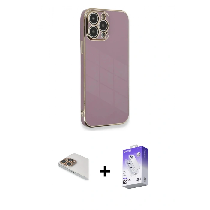 MARSİLYAN™- iPhone 13 Pro Max Kılıf Yankı Serisi - Siyah Bilvis 5in1 3D Magic Cam Ekran Koruyucu + Gold Pers Alüminyum Kamera Lens