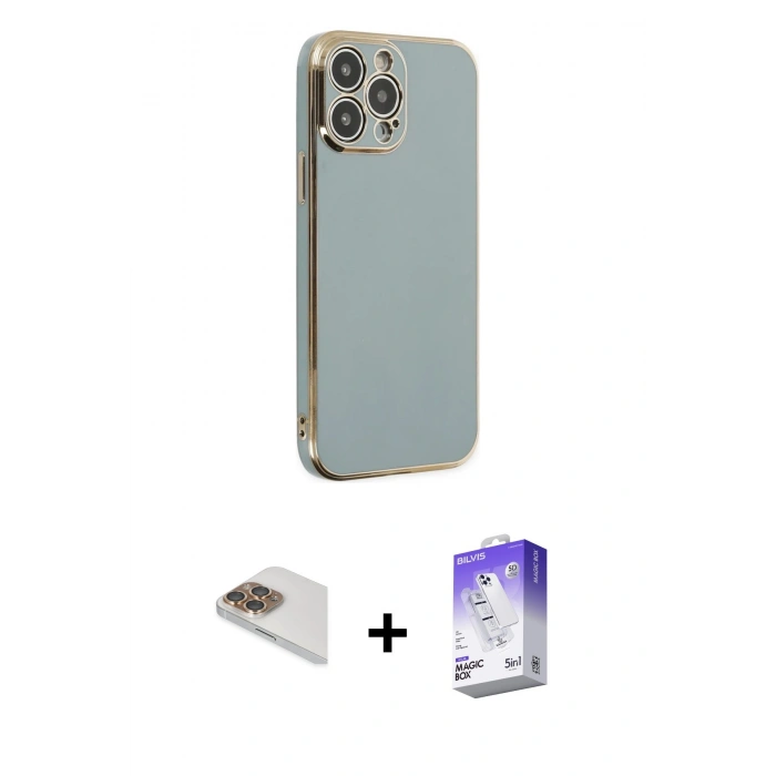 MARSİLYAN™- iPhone 13 Pro Max Kılıf Yankı Serisi - Siyah Bilvis 5in1 3D Magic Cam Ekran Koruyucu + Gold Pers Alüminyum Kamera Lens