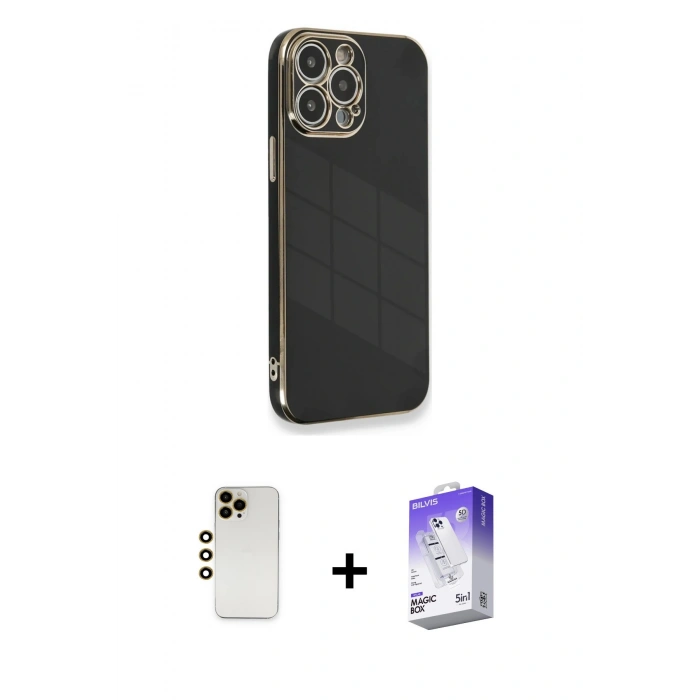 MARSİLYAN™- iPhone 13 Pro Max Kılıf Yankı Serisi - Siyah Bilvis 5in1 3D Magic Cam Ekran Koruyucu + Shine Kamera Lens - GD