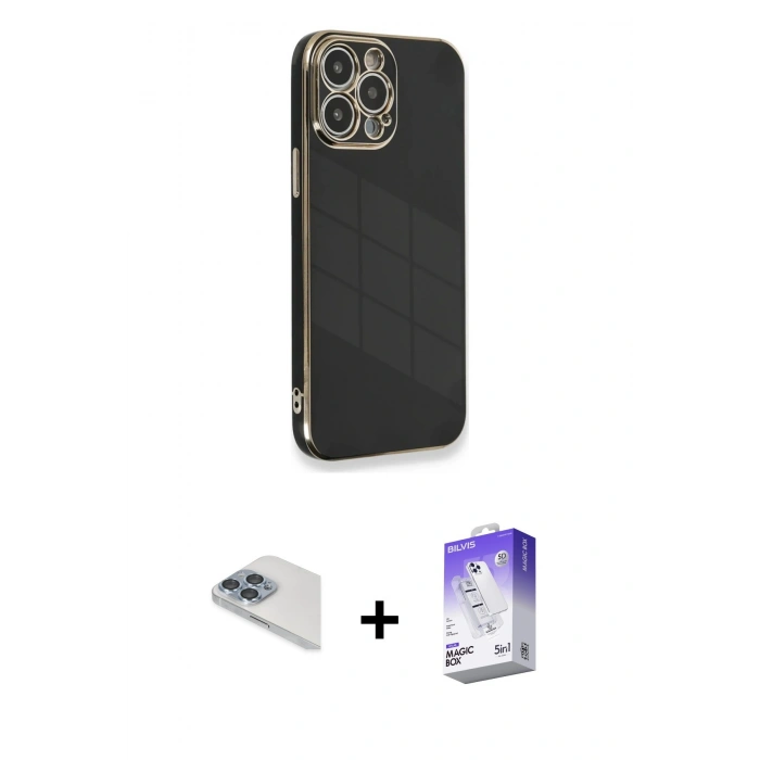 MARSİLYAN™- iPhone 13 Pro Max Kılıf Yankı Serisi - Siyah Bilvis 5in1 3D Magic Cam Ekran Koruyucu + Pers Alüminyum Kamera Lens - SABE