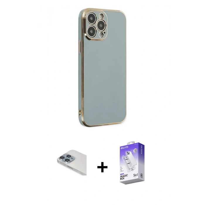 MARSİLYAN™- iPhone 13 Pro Max Kılıf Yankı Serisi - Siyah Bilvis 5in1 3D Magic Cam Ekran Koruyucu + Pers Alüminyum Kamera Lens - SABE