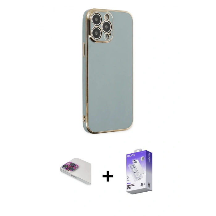 MARSİLYAN™- iPhone 13 Pro Max Kılıf Yankı Serisi - Siyah Bilvis 5in1 3D Magic Cam Ekran Koruyucu + Pers Alüminyum Kamera Lens - GI