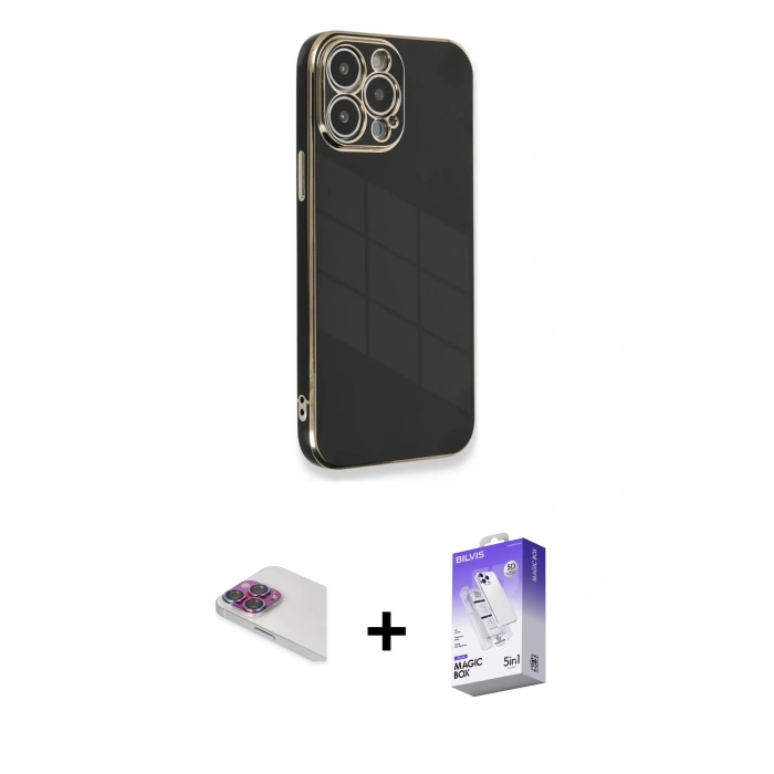 MARSİLYAN™- iPhone 13 Pro Max Kılıf Yankı Serisi - Siyah Bilvis 5in1 3D Magic Cam Ekran Koruyucu + Pers Alüminyum Kamera Lens - GI
