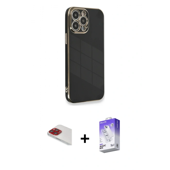 MARSİLYAN™- iPhone 13 Pro Max Kılıf Yankı Serisi - Siyah Bilvis 5in1 3D Magic Cam Ekran Koruyucu + Pers Alüminyum Kamera Lens - KI