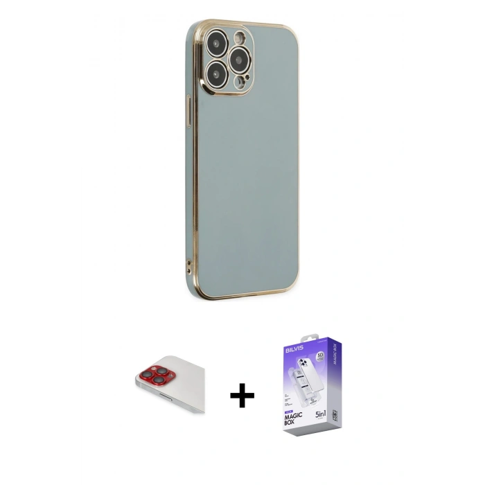 MARSİLYAN™- iPhone 13 Pro Max Kılıf Yankı Serisi - Siyah Bilvis 5in1 3D Magic Cam Ekran Koruyucu + Pers Alüminyum Kamera Lens - KI