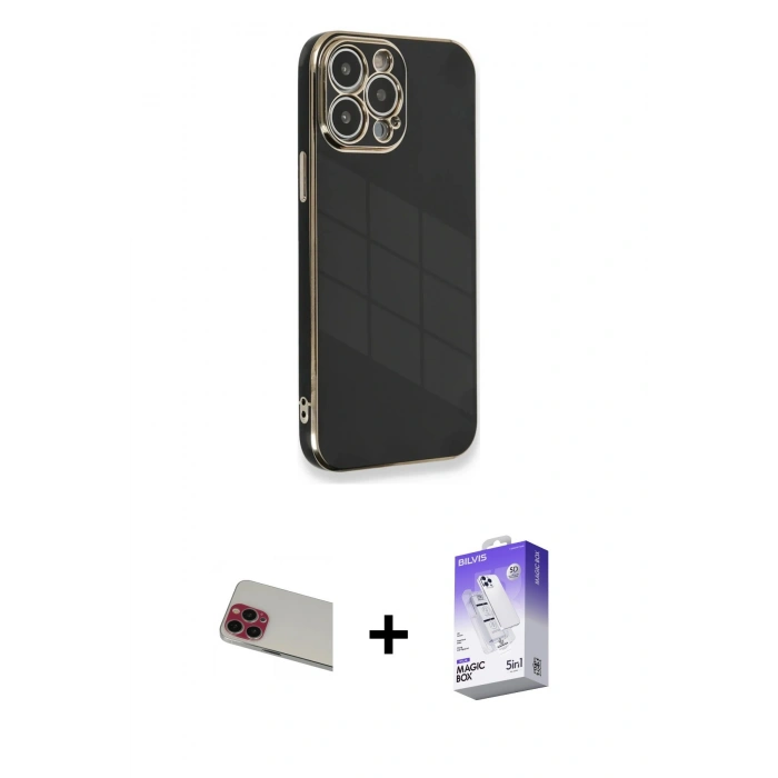 MARSİLYAN™- iPhone 13 Pro Max Kılıf Yankı Serisi - Siyah Bilvis 5in1 3D Magic Cam Ekran Koruyucu + Rainbow Kamera Lens Koruma Cam - KI