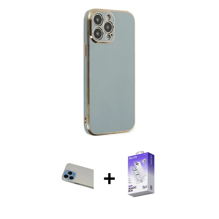 MARSİLYAN™- iPhone 13 Pro Max Kılıf Yankı Serisi - Siyah Bilvis 5in1 3D Magic Cam Ekran Koruyucu + Rainbow Kamera Lens Koruma Cam - MI