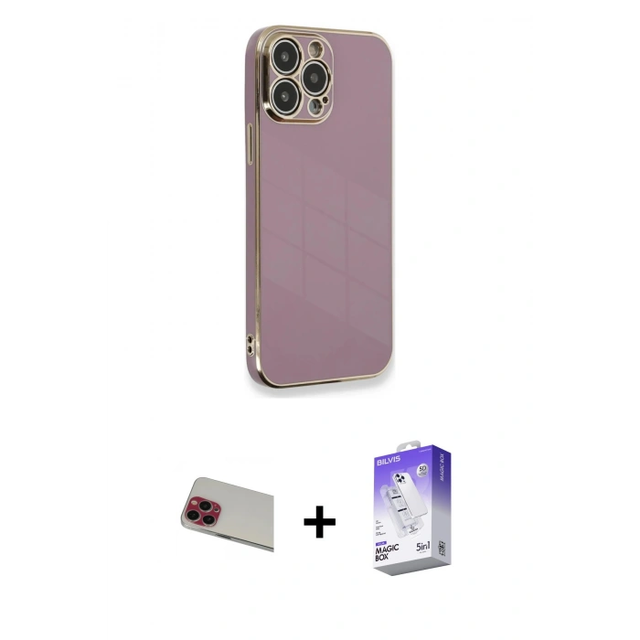MARSİLYAN™- iPhone 13 Pro Max Kılıf Yankı Serisi - Siyah Bilvis 5in1 3D Magic Cam Ekran Koruyucu + Rainbow Kamera Lens Koruma Cam - KI