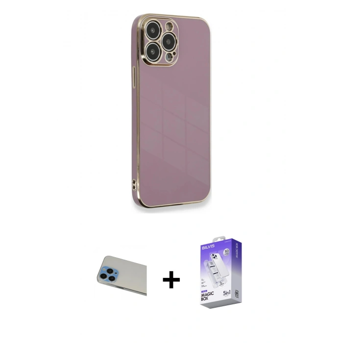 MARSİLYAN™- iPhone 13 Pro Max Kılıf Yankı Serisi - Siyah Bilvis 5in1 3D Magic Cam Ekran Koruyucu + Rainbow Kamera Lens Koruma Cam - MI