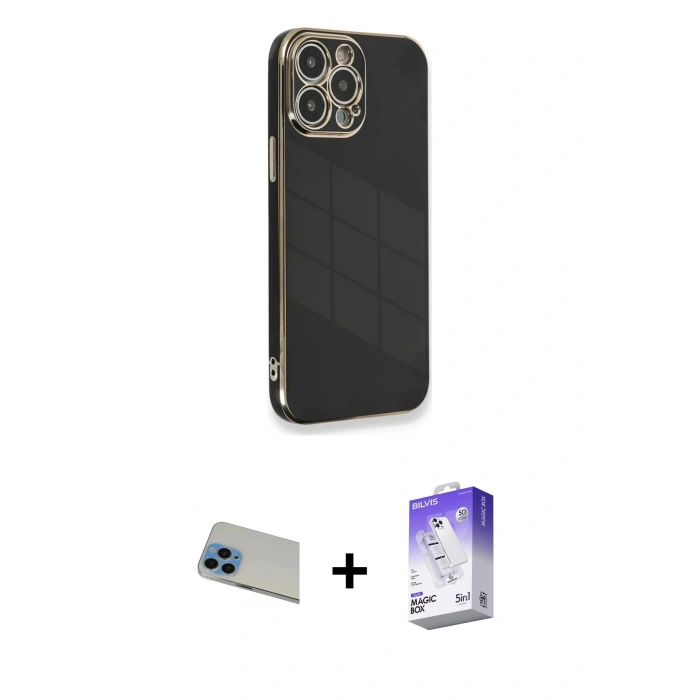 MARSİLYAN™- iPhone 13 Pro Max Kılıf Yankı Serisi - Siyah Bilvis 5in1 3D Magic Cam Ekran Koruyucu + Rainbow Kamera Lens Koruma Cam - MI