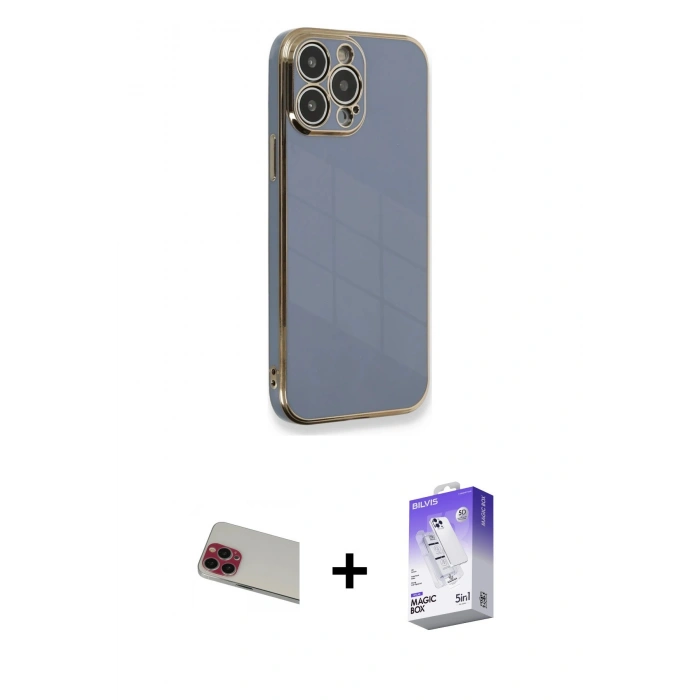 MARSİLYAN™- iPhone 13 Pro Max Kılıf Yankı Serisi - Siyah Bilvis 5in1 3D Magic Cam Ekran Koruyucu + Rainbow Kamera Lens Koruma Cam - KI
