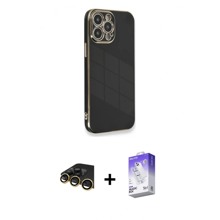 MARSİLYAN™- iPhone 13 Pro Max Kılıf Yankı Serisi - Siyah Bilvis 5in1 3D Magic Cam Ekran Koruyucu + Raze Metal Kamera Lens - GD