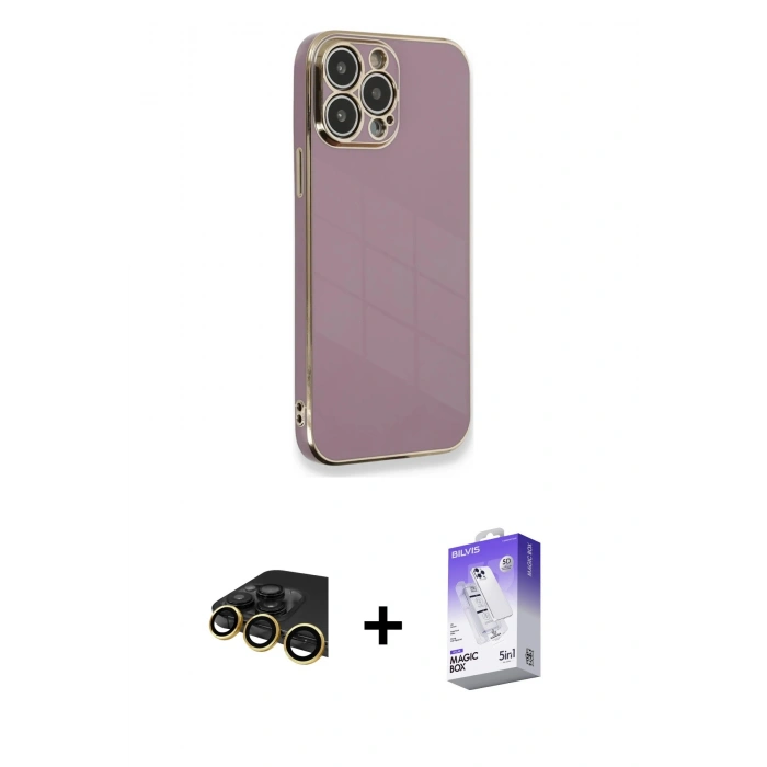 MARSİLYAN™- iPhone 13 Pro Max Kılıf Yankı Serisi - Siyah Bilvis 5in1 3D Magic Cam Ekran Koruyucu + Raze Metal Kamera Lens - GD