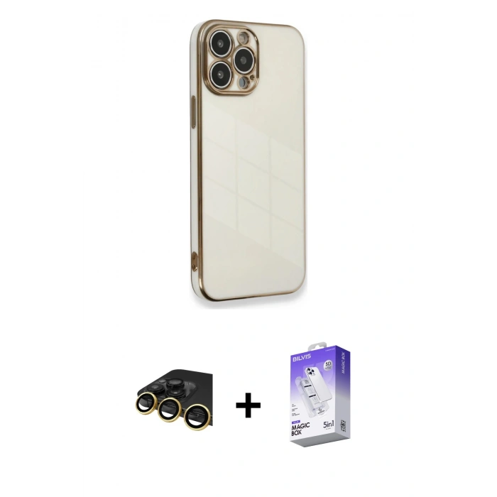 MARSİLYAN™- iPhone 13 Pro Max Kılıf Yankı Serisi - Siyah Bilvis 5in1 3D Magic Cam Ekran Koruyucu + Raze Metal Kamera Lens - GD