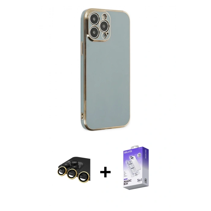 MARSİLYAN™- iPhone 13 Pro Max Kılıf Yankı Serisi - Siyah Bilvis 5in1 3D Magic Cam Ekran Koruyucu + Raze Metal Kamera Lens - GD