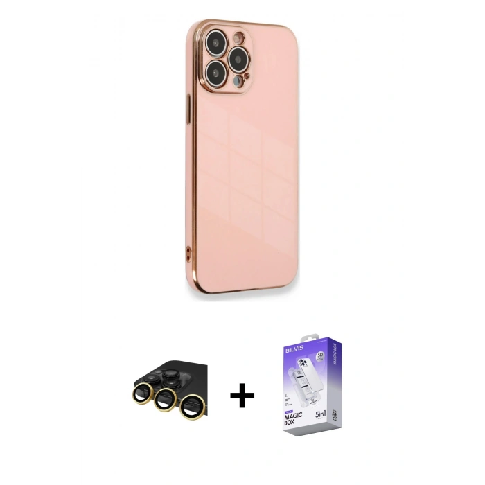 MARSİLYAN™- iPhone 13 Pro Max Kılıf Yankı Serisi - Siyah Bilvis 5in1 3D Magic Cam Ekran Koruyucu + Raze Metal Kamera Lens - GD