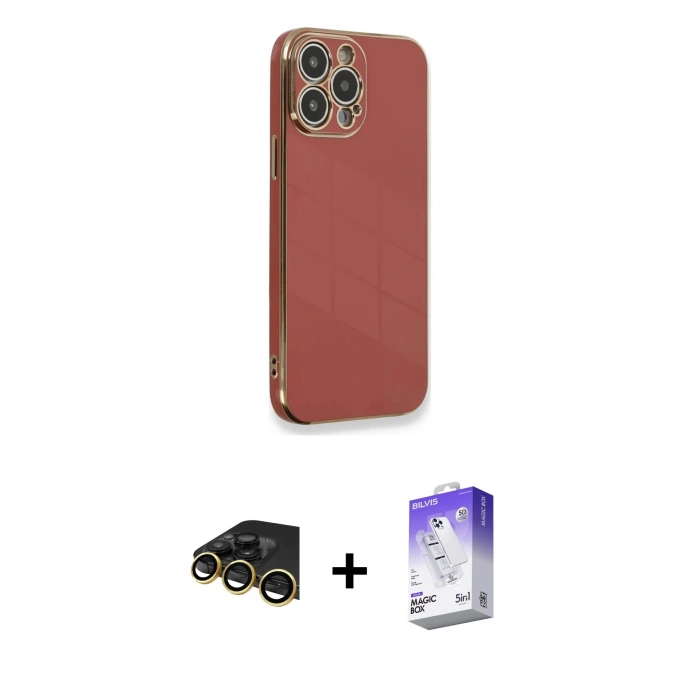 MARSİLYAN™- iPhone 13 Pro Max Kılıf Yankı Serisi - Siyah Bilvis 5in1 3D Magic Cam Ekran Koruyucu + Raze Metal Kamera Lens - GD