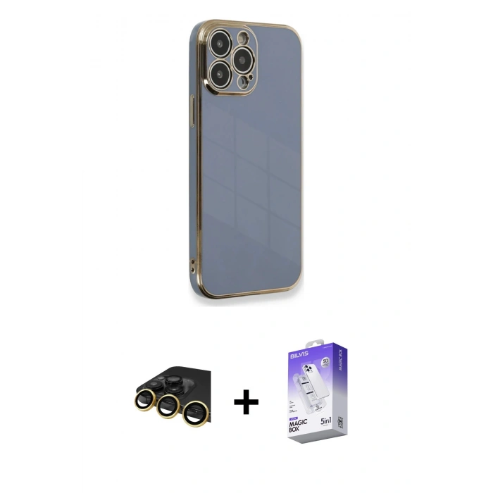 MARSİLYAN™- iPhone 13 Pro Max Kılıf Yankı Serisi - Siyah Bilvis 5in1 3D Magic Cam Ekran Koruyucu + Raze Metal Kamera Lens - GD