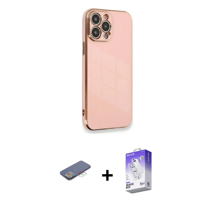 MARSİLYAN™- iPhone 13 Pro Max Kılıf Yankı Serisi - Siyah Bilvis 5in1 3D Magic Cam Ekran Koruyucu + Renkli Kamera Lens Koruma Cam - MI